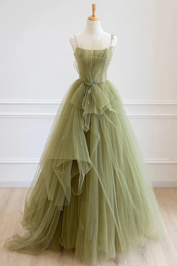 Green Tulle Long A-Line Prom Dress Beautiful Spaghetti Strap Evening Dress
