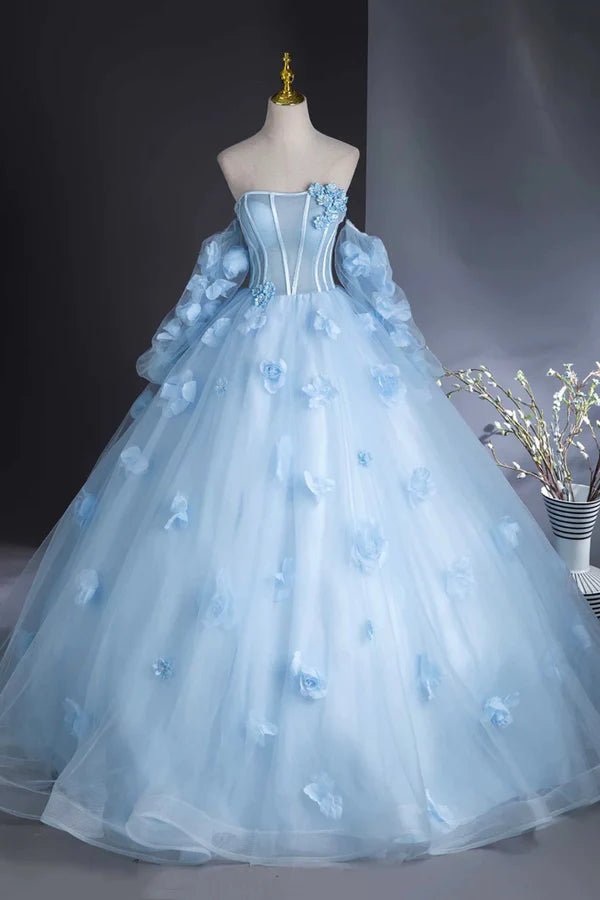 Blue Tulle Long Sleeves Formal Dress with Flowers Blue A-Line Prom Party Dress