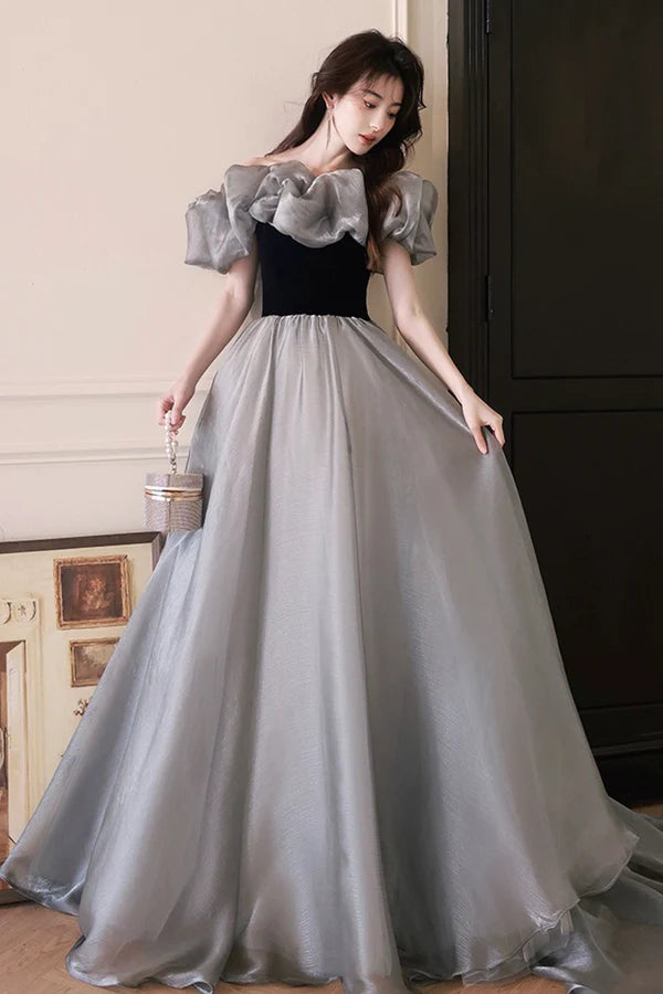 Gray Tulle and Black Velvet Long Prom Dress Off the Shoulder Evening Party Dress