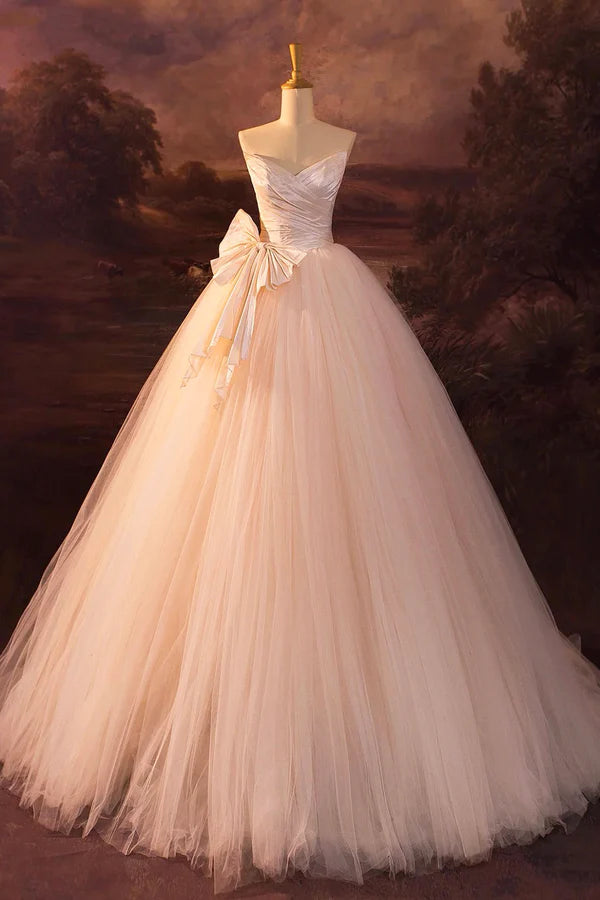 Champagne Strapless Tulle Long Prom Dress Beautiful A-Line Tulle Formal Evening Dress