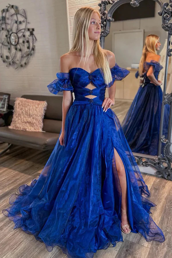 Off the Shoulder Royal Blue Long Organza Prom Dresses Royal Blue Long A-Line Formal Evening Dresses