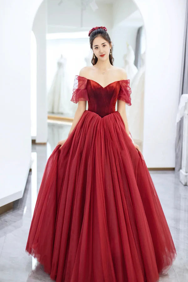 Elegant Tulle and Velvet Long Prom Dress Off the Shoulder A-Line Evening Party Dress