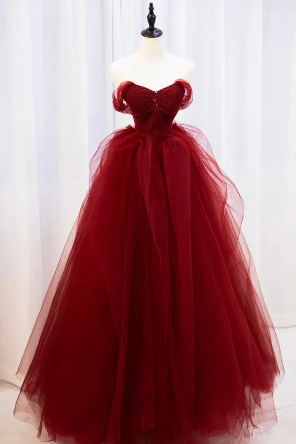 Burgundy Tulle Long Prom Dress with Beaded Burgundy Off Shoulder Evening Dress