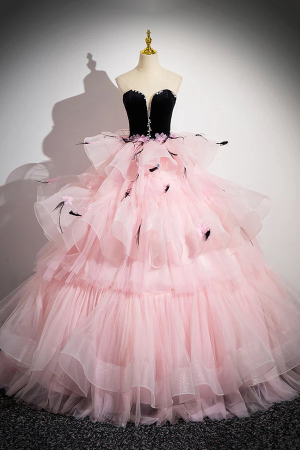 Black Velvet and Pink Tulle Strapless Ball Gown Pink Backless Ruffles Formal Evening Dress