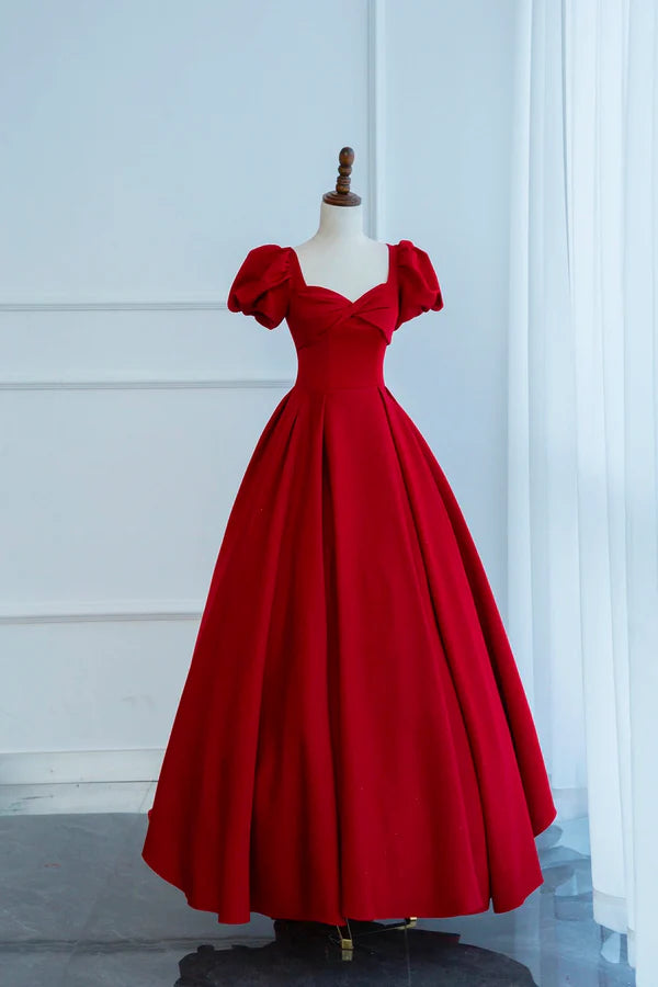 Dark Red Short Sleeve Long Prom Dress Beautiful A-Line Evening Party Dress