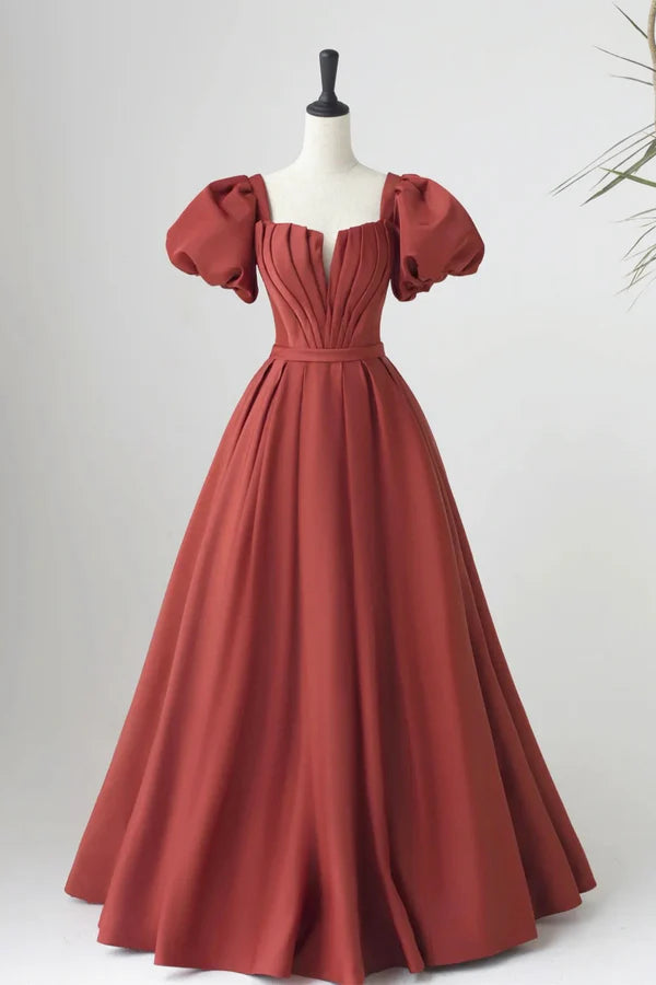 Maroon Satin Long Pleated Long Prom Dress Elegant Short Sleeve Evening Party Dress