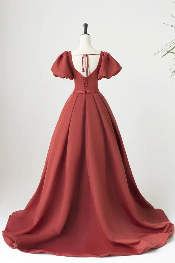 Maroon Satin Long Pleated Long Prom Dress Elegant Short Sleeve Evening Party Dress