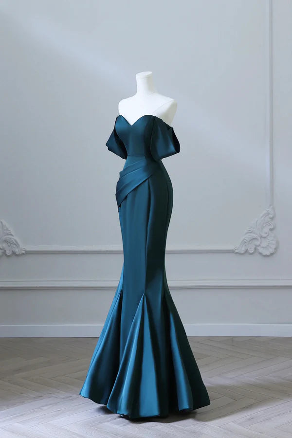 Simple Off Shoulder Satin Ink Blue Long Prom Dress Ink Blue Mermaid Formal Dress