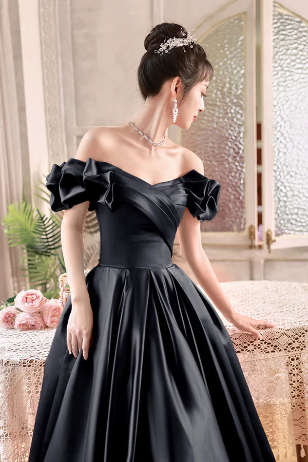 Black Satin Floor Length A-Line Prom Dress Off the Shoulder Evening Party Dress