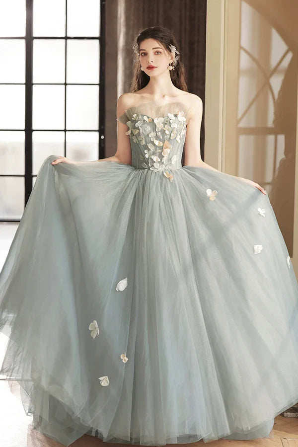 A-Line Gray Tulle Strapless Floor Length Prom Dress Beautiful Backless Evening Party Dres with Flowers