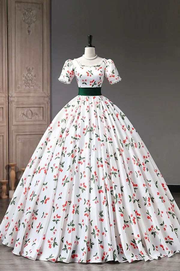 Cute Cherry Pattern Long Princess Prom Dress White A-Line Evening Party Dress