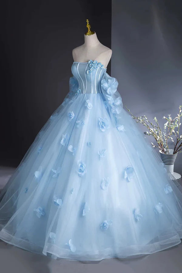 Blue Tulle Long Sleeves Formal Dress with Flowers Blue A-Line Prom Party Dress