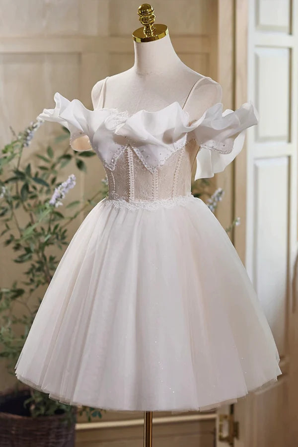 Cute Spaghetti Strap Tulle Lace Homecoming Dress Off Shoulder Short Prom Dress