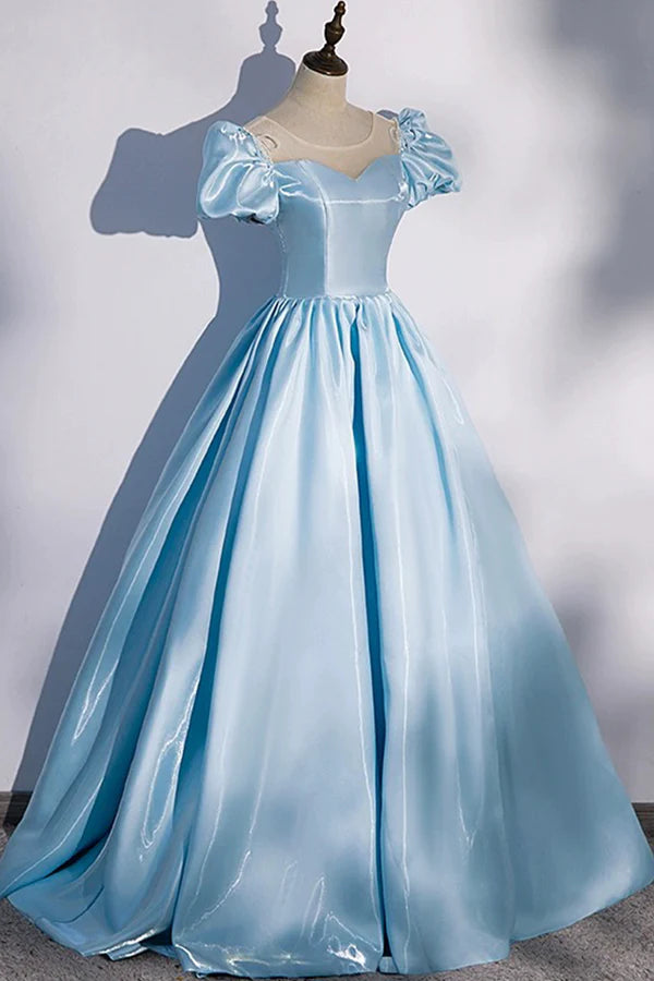 Blue Satin Long Prom Dress Blue A-Line Scoop Neckline Short Sleeve Evening Dress