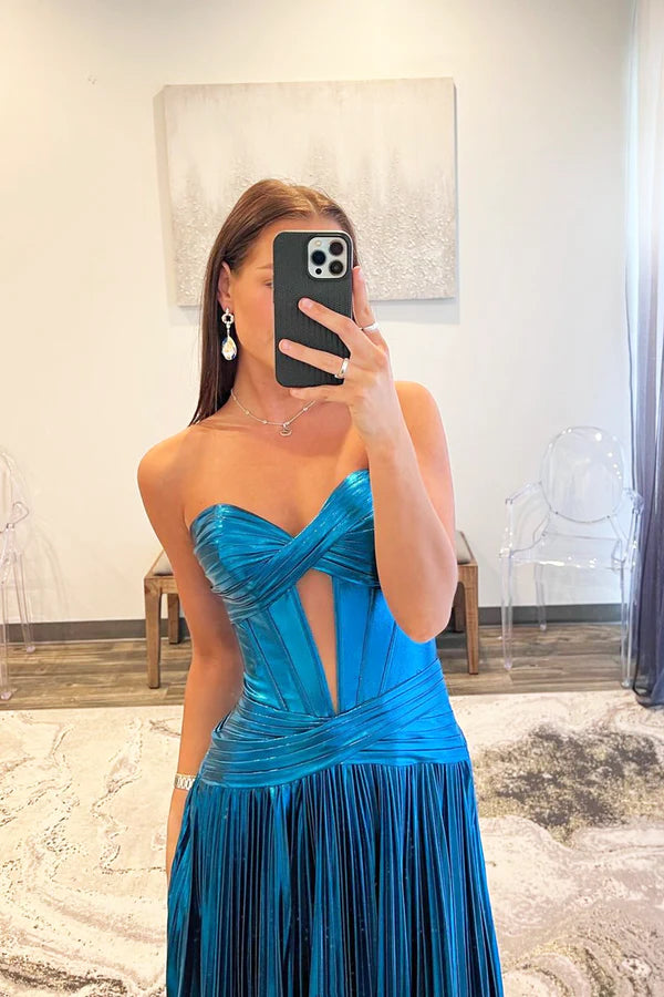 Blue Satin Long Floor Length Prom Dress A-Line Blue Strapless Evening Dress Formal Dress