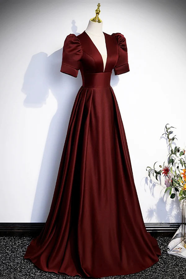 Burgundy V-Neck Satin Long Prom Dress Simple Short Sleeve Evening Party Dress