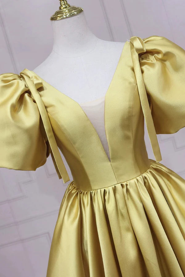 Yellow V-Neck Satin Long Prom Dress A-Line Puff Sleeves Evening Party Dress