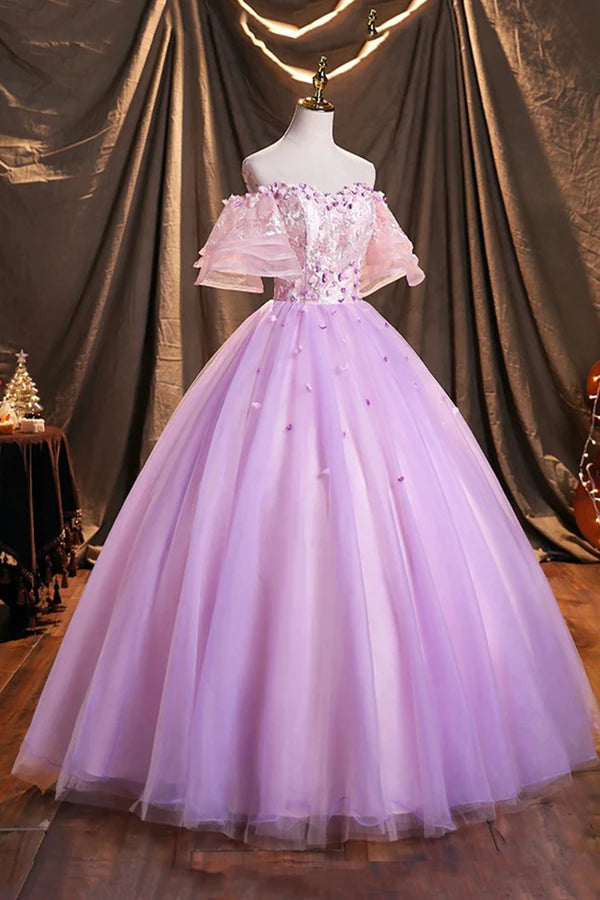 Purple Tulle Sequins Long Prom Dress Beautiful Off the Shoulder Evening Party Dress
