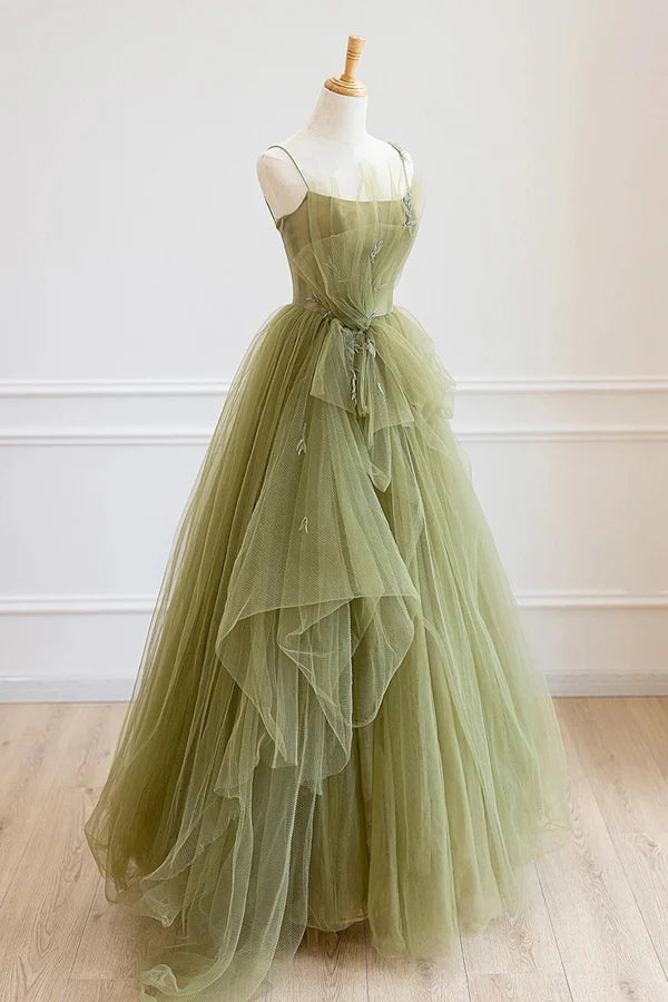 Green Tulle Long A-Line Prom Dress Beautiful Spaghetti Strap Evening Dress