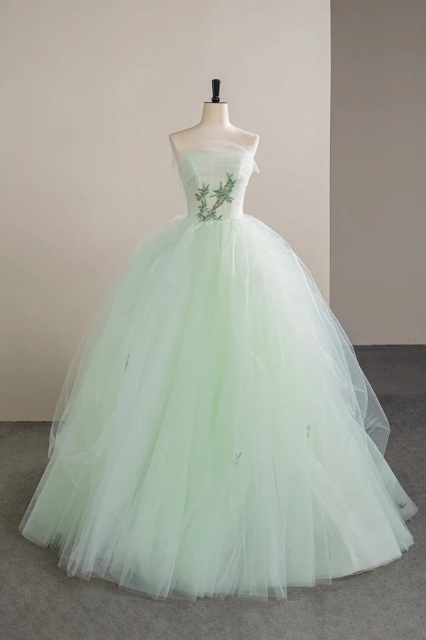 Lovely Sweetheart Neckline Tulle Long Prom Dress with Lace Green Strapless Evening Dress
