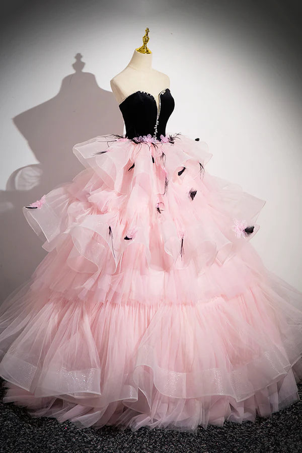 Black Velvet and Pink Tulle Strapless Ball Gown Pink Backless Ruffles Formal Evening Dress