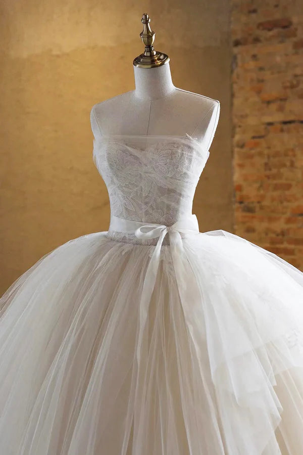 Light Champagne Ball Gown Tulle Sweetheart Long Prom Dress Beautiful Formal Dress Wedding Dress