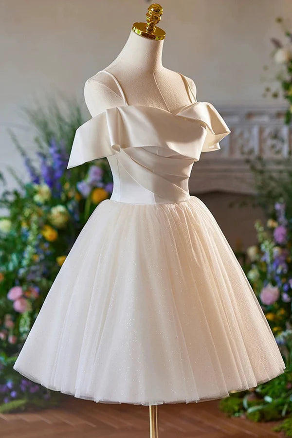 Champagne Spaghetti Straps Knee Length Prom Dress A-Line Sleeveless Backless Party Dress