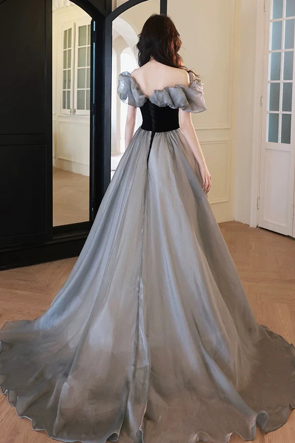 Gray Tulle and Black Velvet Long Prom Dress Off the Shoulder Evening Party Dress