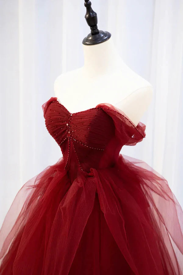 Burgundy Tulle Long Prom Dress with Beaded Burgundy Off Shoulder Evening Dress