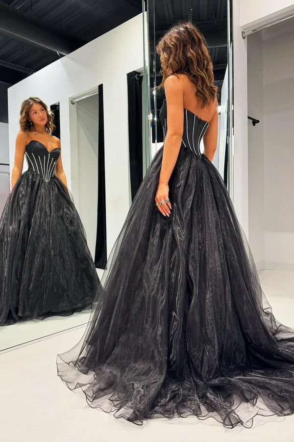 A Line Black Tulle Long Prom Dress Beautiful Strapless Formal Evening Dress