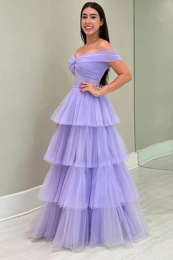 Purple Tulle Layers Long A-Line Prom Dress Off the Shoulder Evening Party Dress