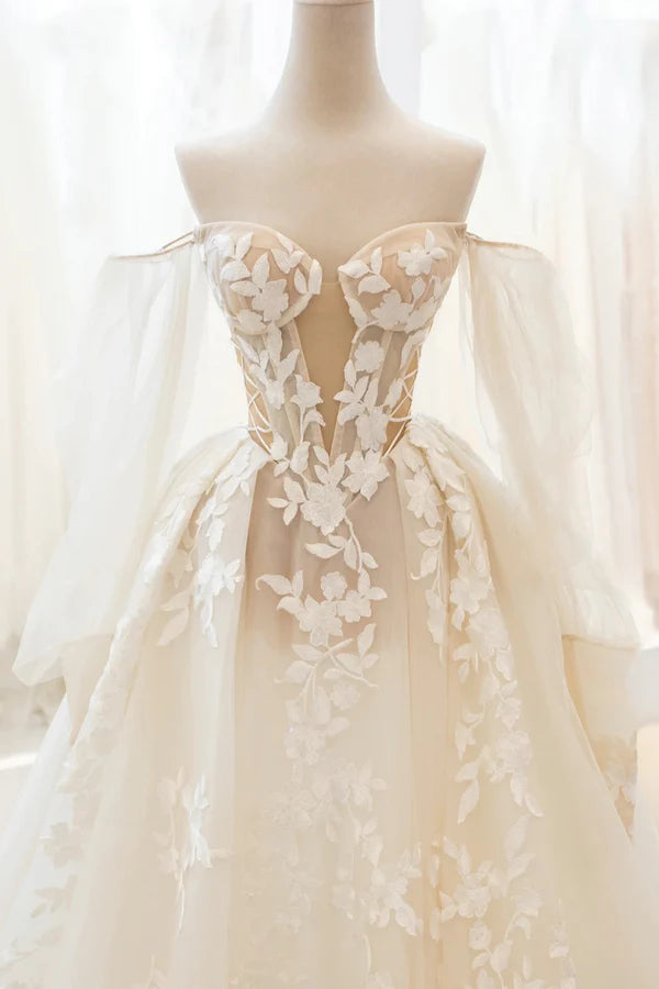 Champagne Lace Long A-Line Ball Gown Off the Shoulder Evening Party Dress