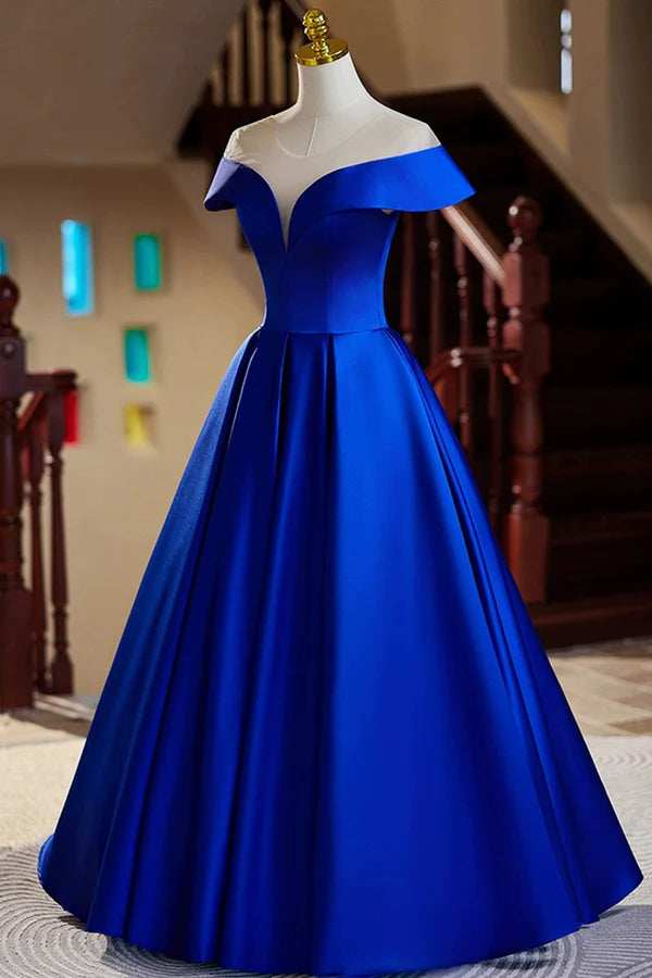 Blue Satin Floor Length Prom Dress Elegant A-Line Evening Party Dress