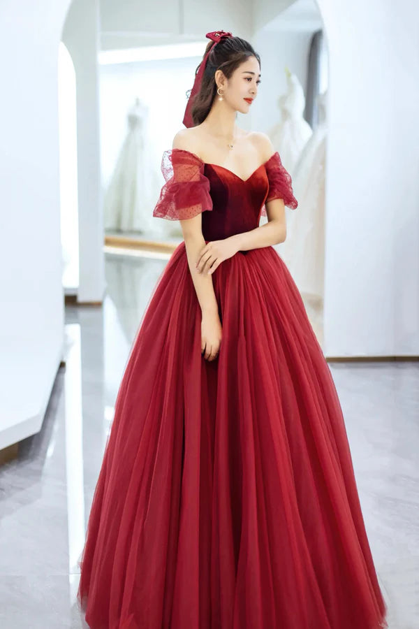 Elegant Tulle and Velvet Long Prom Dress Off the Shoulder A-Line Evening Party Dress