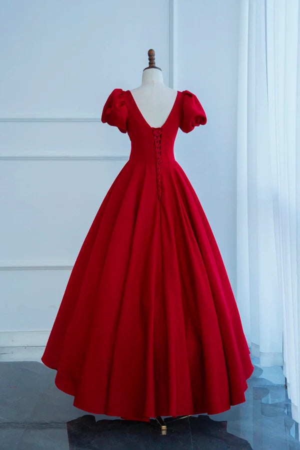 Dark Red Short Sleeve Long Prom Dress Beautiful A-Line Evening Party Dress