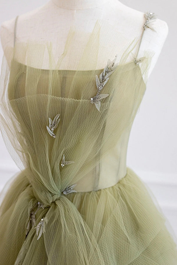 Green Tulle Long A-Line Prom Dress Beautiful Spaghetti Strap Evening Dress