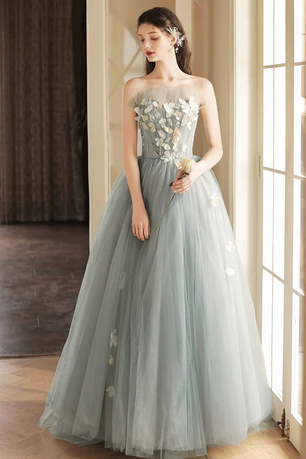 A-Line Gray Tulle Strapless Floor Length Prom Dress Beautiful Backless Evening Party Dres with Flowers