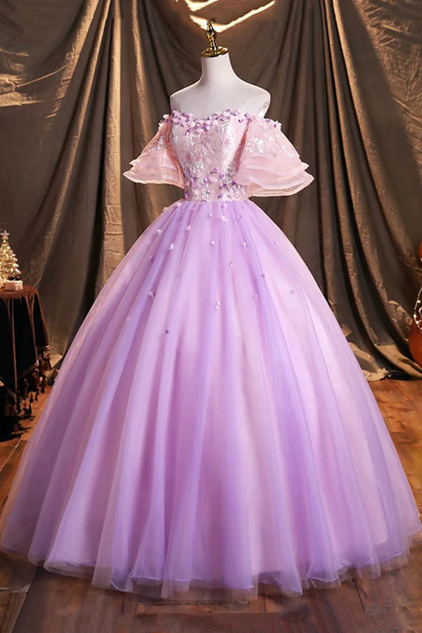 Purple Tulle Sequins Long Prom Dress Beautiful Off the Shoulder Evening Party Dress