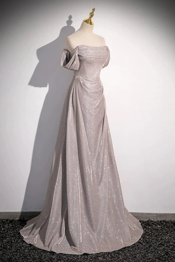 Grey Sequins Ruffle Long Party Dress Off the Shoulder Short Sleeve Sweep Train Evening Dress