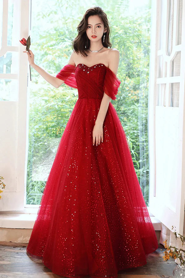 Beautiful Sweetheart Neckline Tulle Long Prom Dress Off the Shoulder Evening Party Dress