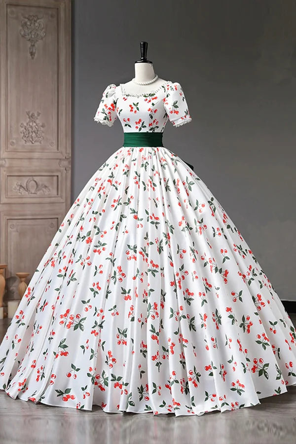Cute Cherry Pattern Long Princess Prom Dress White A-Line Evening Party Dress