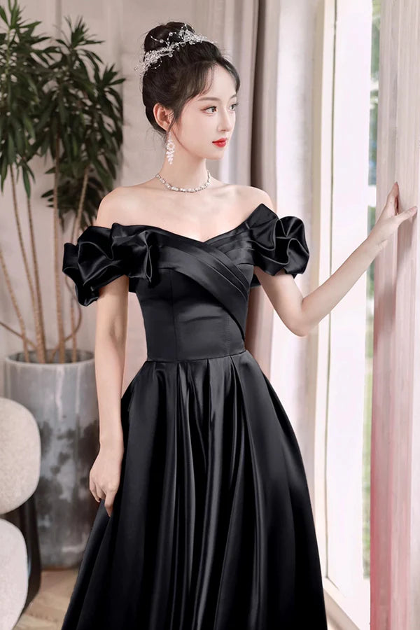 Black Satin Floor Length A-Line Prom Dress Off the Shoulder Evening Party Dress