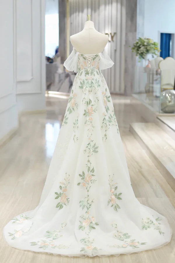 Beautiful Floral Lace Tulle Long Prom Dress White Off the Shoulder Evening Party Dress