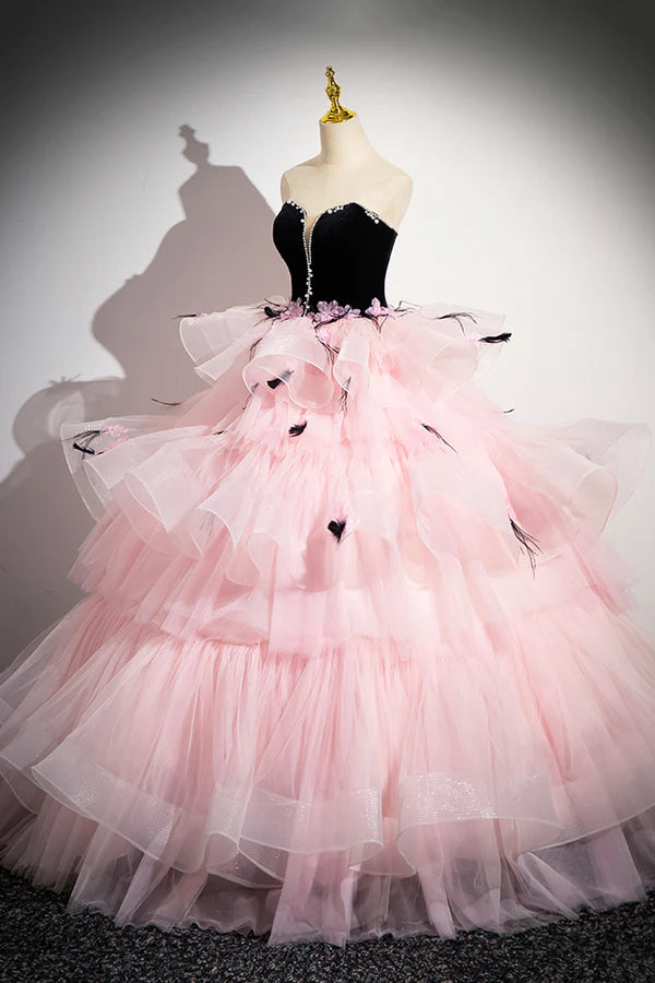 Black Velvet and Pink Tulle Strapless Ball Gown Pink Backless Ruffles Formal Evening Dress