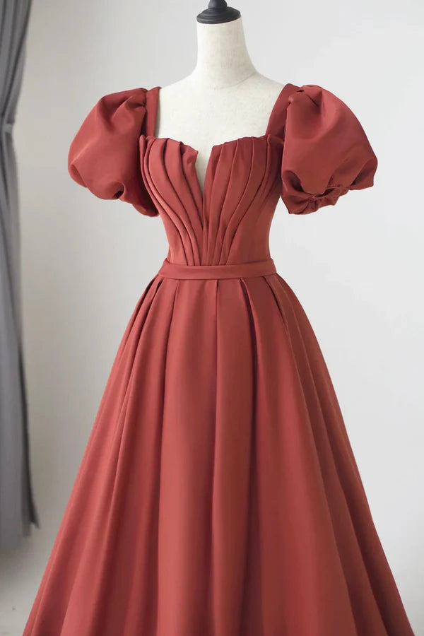 Maroon Satin Long Pleated Long Prom Dress Elegant Short Sleeve Evening Party Dress