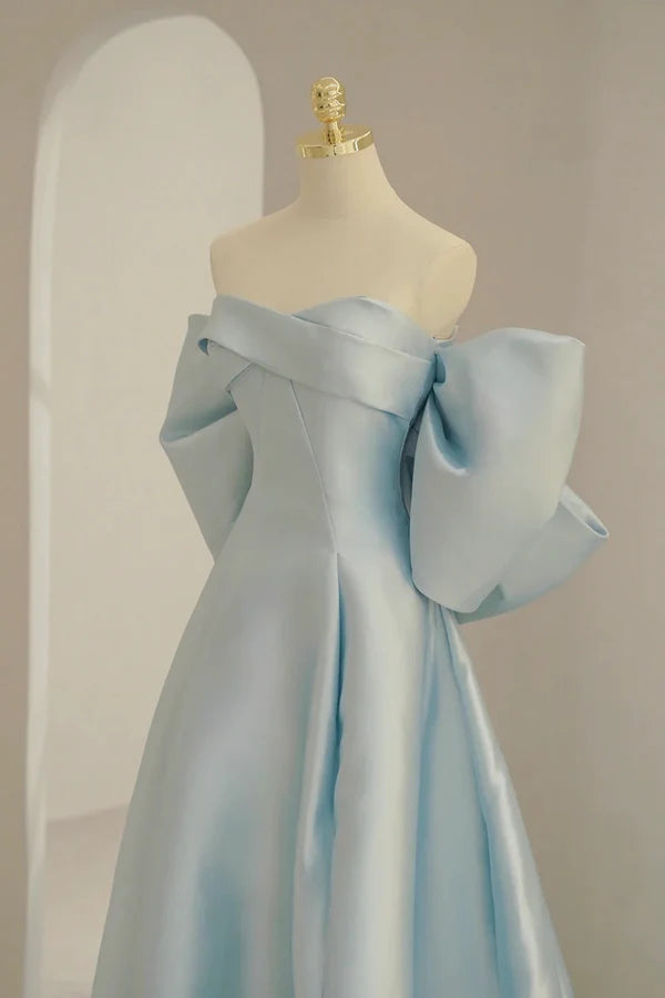 Blue Satin Long Prom Dress with Big Bow Blue A-Line Evening Party Dress