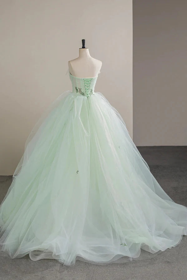 Lovely Sweetheart Neckline Tulle Long Prom Dress with Lace Green Strapless Evening Dress