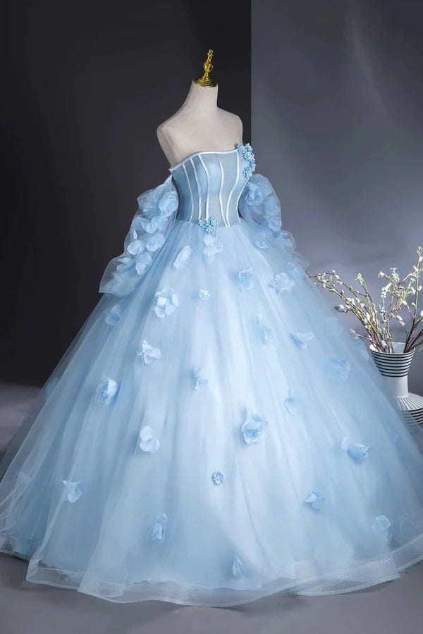 Blue Tulle Long Sleeves Formal Dress with Flowers Blue A-Line Prom Party Dress