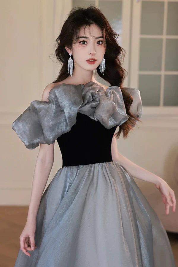 Gray Tulle and Black Velvet Long Prom Dress Off the Shoulder Evening Party Dress