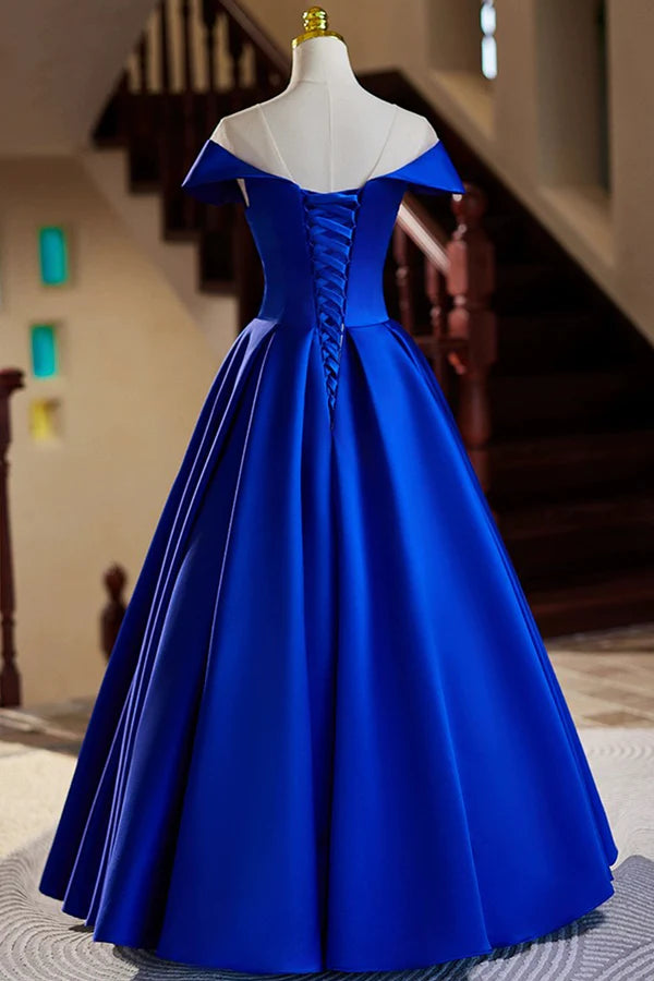 Blue Satin Floor Length Prom Dress Elegant A-Line Evening Party Dress
